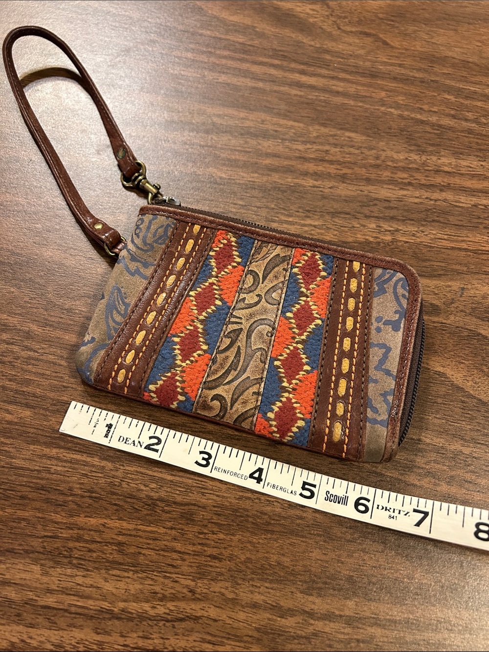 Fossil Brown Wristlet Clutch with Orange & Blue Accents
